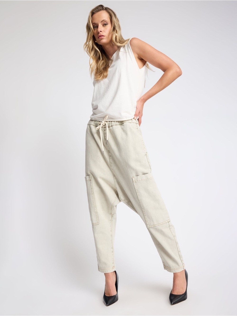 NWT Isla Low Waist Drawstring Harem Denim Jeans - Antique Khaki